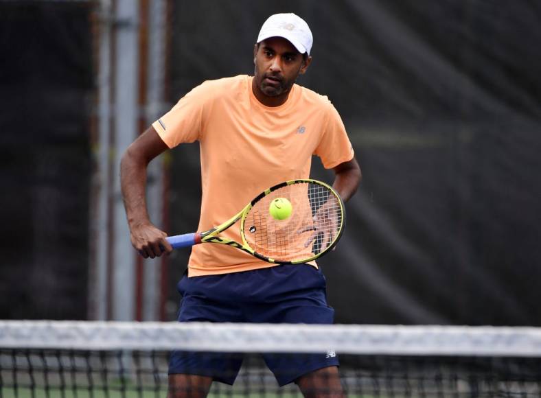 Aug 3, 2019; Montreal, Quebec, Canada; Rajeev Ram of the United States practices during the Rogers Cup tennis tournament at Stade IGA. Mandatory Credit: Eric Bolte-USA TODAY Sports