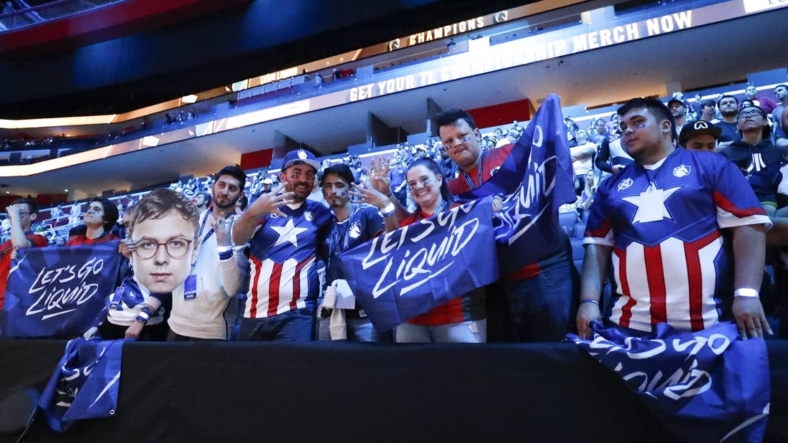 Aug 25, 2019; Detroit, MI, USA; Team Liquid fans support their team after they win the LCS Summer Finals event against Cloud9 at Little Caesars Arena. Mandatory Credit: Raj Mehta-USA TODAY Sports
