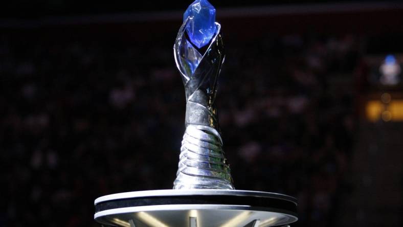 Aug 25, 2019; Detroit, MI, USA; The LCS trophy awaits the winner during the LCS Summer Finals event between Team Liquid and Cloud9 at Little Caesars Arena. Mandatory Credit: Raj Mehta-USA TODAY Sports