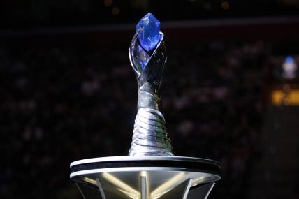 Aug 25, 2019; Detroit, MI, USA; The LCS trophy awaits the winner during the LCS Summer Finals event between Team Liquid and Cloud9 at Little Caesars Arena. Mandatory Credit: Raj Mehta-USA TODAY Sports
