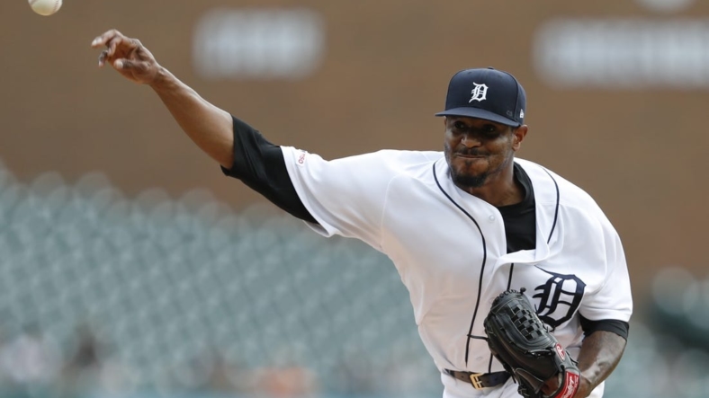 Sep 15, 2019; Detroit, MI, USA; Detroit Tigers starting pitcher Edwin Jackson (19) throws the ball during the first inning against the Baltimore Orioles at Comerica Park. Mandatory Credit: Raj Mehta-USA TODAY Sports