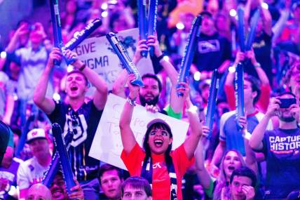Sep 29, 2019; Philadelphia, PA, USA; Fans react during the Overwatch League Grand Finals e-sports event between the Vancouver Titans and San Francisco Shock at Wells Fargo Center. Mandatory Credit: Bill Streicher-USA TODAY Sports