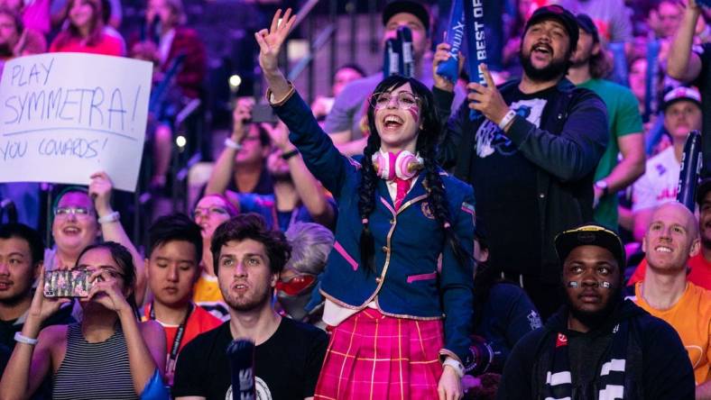 Sep 29, 2019; Philadelphia, PA, USA; Fans react during the Overwatch League Grand Finals e-sports event between the Vancouver Titans and San Francisco Shock at Wells Fargo Center. Mandatory Credit: Bill Streicher-USA TODAY Sports