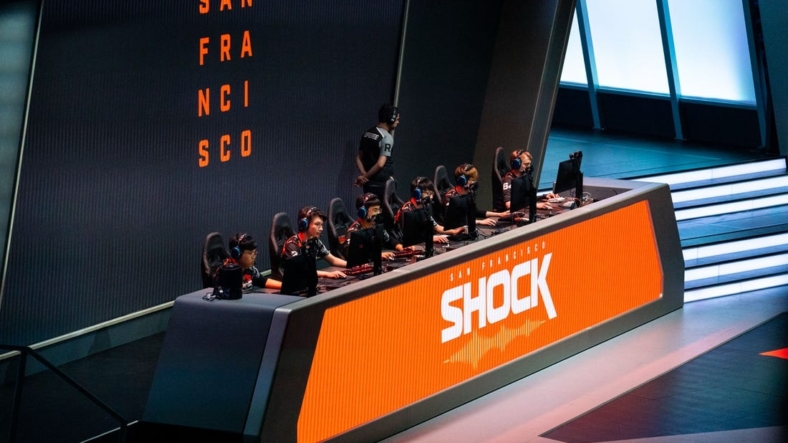 Sep 29, 2019; Philadelphia, PA, USA; San Francisco Shock compete against the Vancouver Titans during the Overwatch League Grand Finals e-sports event at Wells Fargo Center. Mandatory Credit: Bill Streicher-USA TODAY Sports