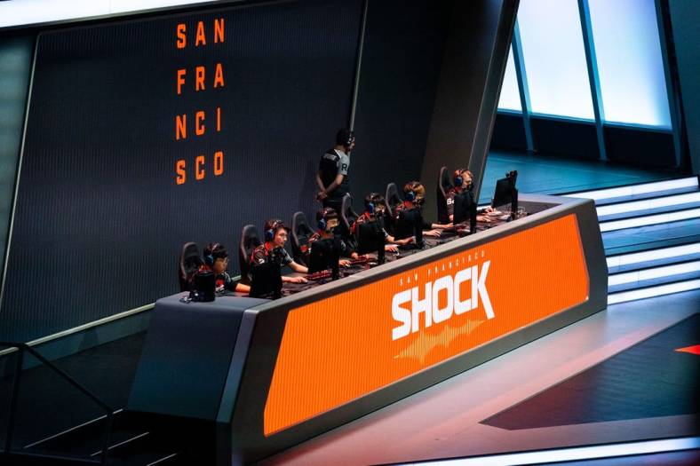 Sep 29, 2019; Philadelphia, PA, USA; San Francisco Shock compete against the Vancouver Titans during the Overwatch League Grand Finals e-sports event at Wells Fargo Center. Mandatory Credit: Bill Streicher-USA TODAY Sports