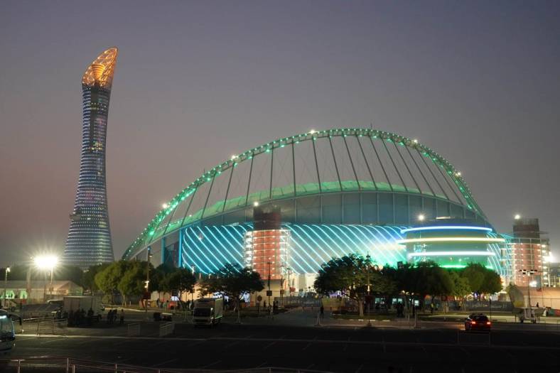 Oct 2 2019; Doha; Qatar; General overall view of Khalifa International Stadium and the Aspire Tower during the IAAF World Athletics Championships. The stadium will be one of the venues for the 2022 FIFA World Cup. Mandatory Credit: Kirby Lee-USA TODAY Sports