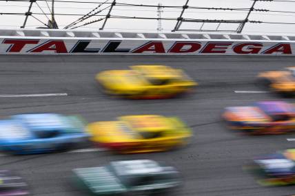 Oct 13, 2019; Talladega, AL, USA; View of the safety wall as drivers race around turn four during the 1000Bulbs.com 500 at Talladega Superspeedway. Mandatory Credit: Shanna Lockwood-USA TODAY Sports