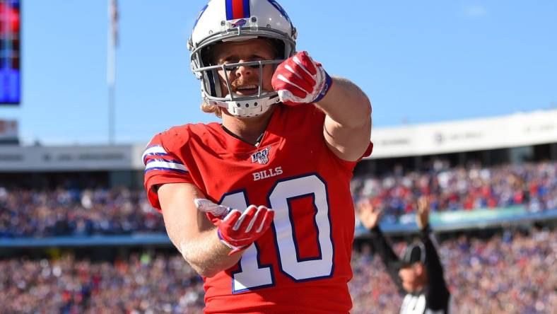 Oct 20, 2019; Orchard Park, NY, USA; Buffalo Bills wide receiver Cole Beasley (10) celebrates his touchdown against the Miami Dolphins during the fourth quarter at New Era Field. Mandatory Credit: Rich Barnes-USA TODAY Sports