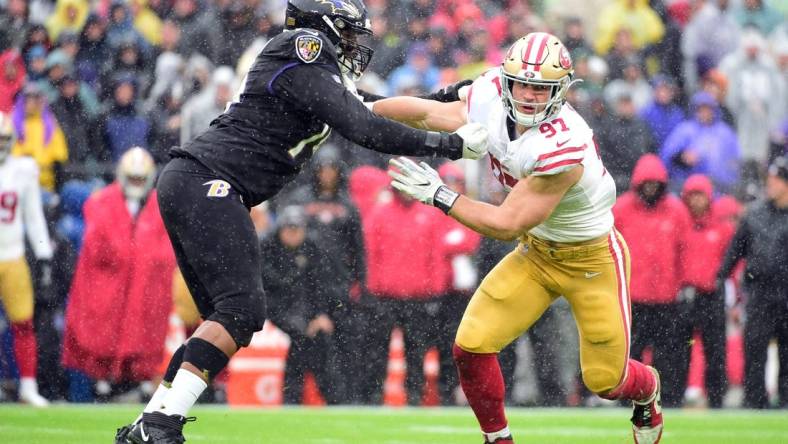 Dec 1, 2019; Baltimore, MD, USA; San Francisco 49ers defensive end Nick Bosa (97) is defended by Baltimore Ravens offensive tackle Ronnie Stanley (79) in the first quarter at M&T Bank Stadium. Mandatory Credit: Evan Habeeb-USA TODAY Sports