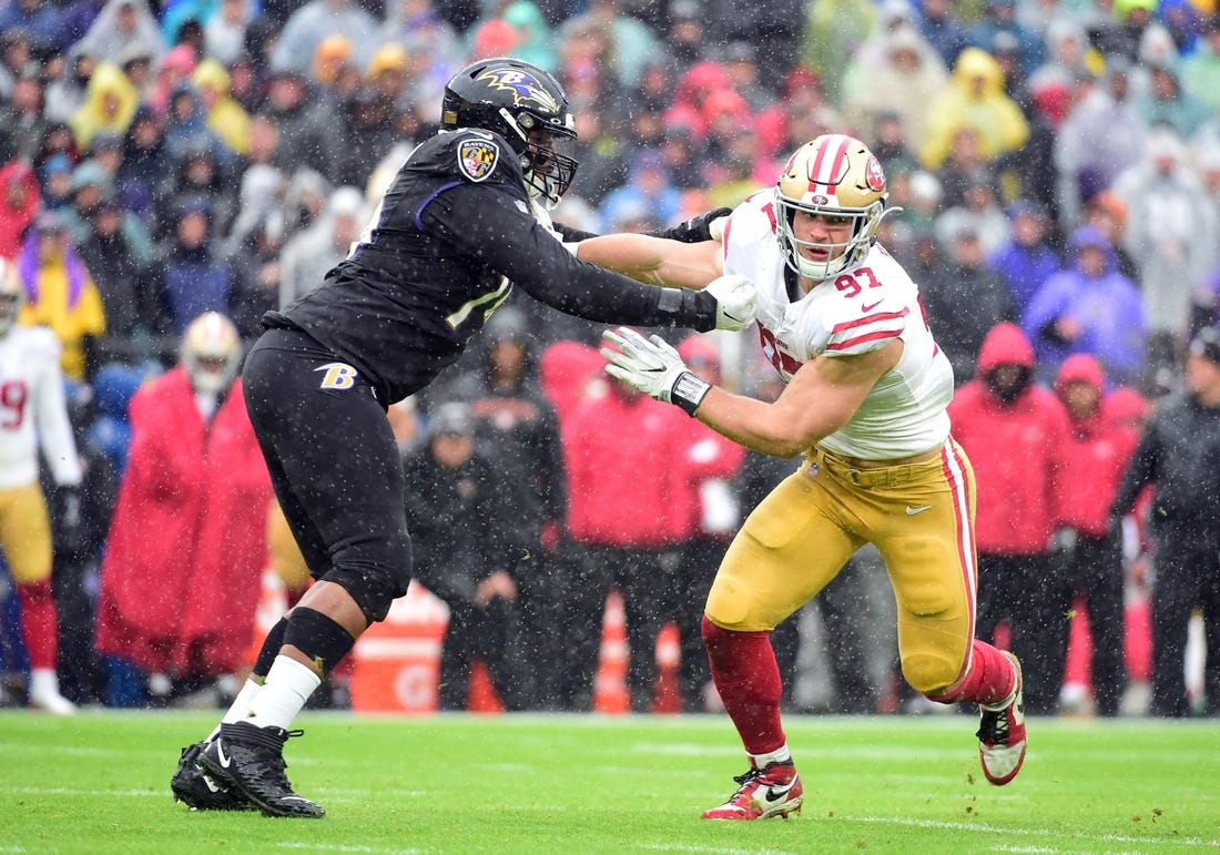 Dec 1, 2019; Baltimore, MD, USA; San Francisco 49ers defensive end Nick Bosa (97) is defended by Baltimore Ravens offensive tackle Ronnie Stanley (79) in the first quarter at M&T Bank Stadium. Mandatory Credit: Evan Habeeb-USA TODAY Sports
