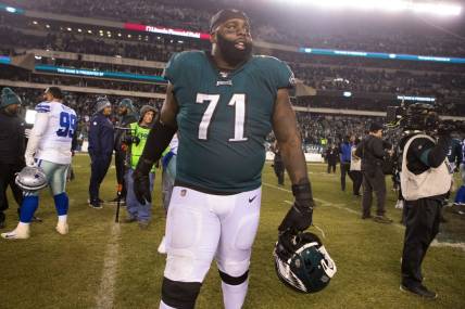 (File Photo) Jason Peters walks the field after after defeating the Dallas Cowboys 17-9 Sunday night.

Sports Eagles Cowboys