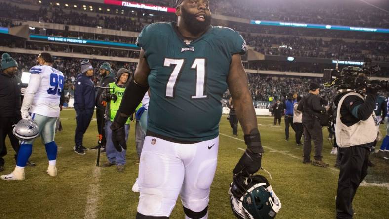 Eagles' Jason Peters walks the field after after defeating the Dallas Cowboys 17-9 Sunday night.

Sports Eagles Cowboys