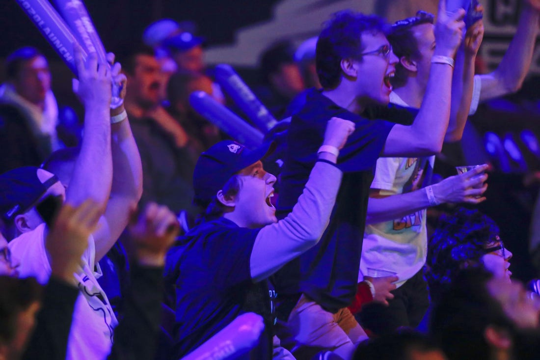 Jan 25, 2020; Minneapolis, Minnesota, USA; Fans cheer as Paris Legion defeats Los Angeles OpTic Gaming during the Call of Duty League Launch Weekend at The Armory. Mandatory Credit: Bruce Kluckhohn-USA TODAY Sports