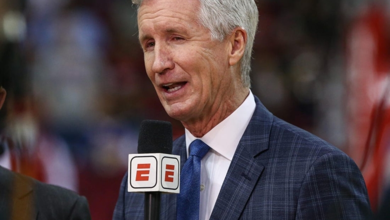 Jan 18, 2020; Houston, Texas, USA; Mike Breen before a game between the Houston Rockets and the Los Angeles Lakers at Toyota Center. Mandatory Credit: Troy Taormina-USA TODAY Sports