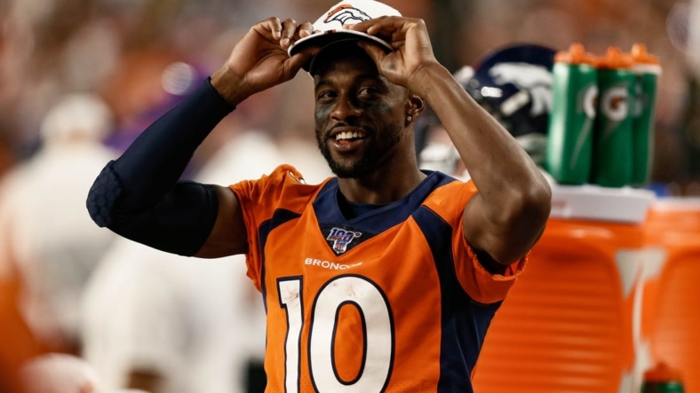 Aug 19, 2019; Denver, CO, USA; Denver Broncos wide receiver Emmanuel Sanders (10) in the third quarter against the San Francisco 49ers at Broncos Stadium at Mile High. Mandatory Credit: Isaiah J. Downing-USA TODAY Sports