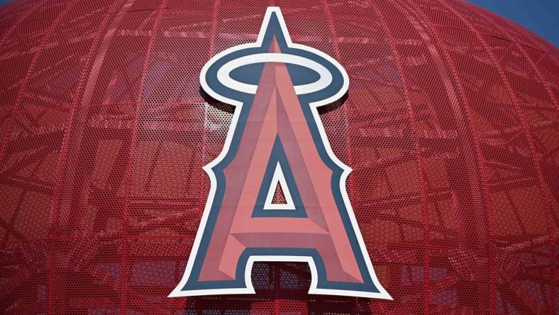 Apr 15, 2020; Anaheim, California, USA; General overall view of the Los Angeles Angels logo at Angel Stadium of Anaheim amid the global coronavirus COVID-19 pandemic. Mandatory Credit: Kirby Lee-USA TODAY NETWORK