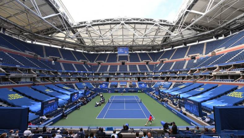 Sep 13, 2020; Flushing Meadows, New York, USA; General view of Arthur Ashe Stadium during the Dominic Thiem of Austria match against Alexander Zverev of Germany in the men's singles final match on day 14 of the 2020 U.S. Open tennis tournament at USTA Billie Jean King National Tennis Center. Mandatory Credit: Robert Deutsch-USA TODAY Sports