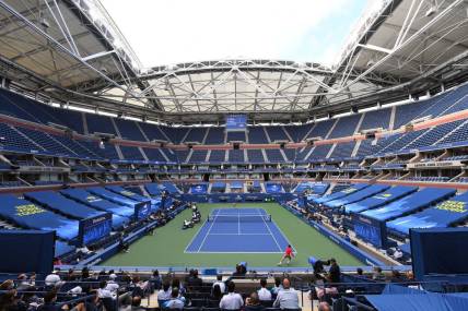 Sep 13, 2020; Flushing Meadows, New York, USA; General view of Arthur Ashe Stadium during the Dominic Thiem of Austria match against Alexander Zverev of Germany in the men's singles final match on day 14 of the 2020 U.S. Open tennis tournament at USTA Billie Jean King National Tennis Center. Mandatory Credit: Robert Deutsch-USA TODAY Sports