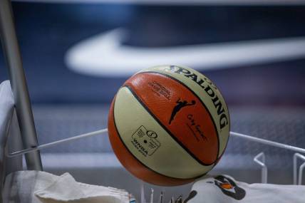 Oct 2, 2020; Bradenton, Florida, USA; A game ball waits on a sanitation cart during game 1 of the WNBA finals between the Las Vegas Aces and the Seattle Storm at IMG Academy. Mandatory Credit: Mary Holt-USA TODAY Sports