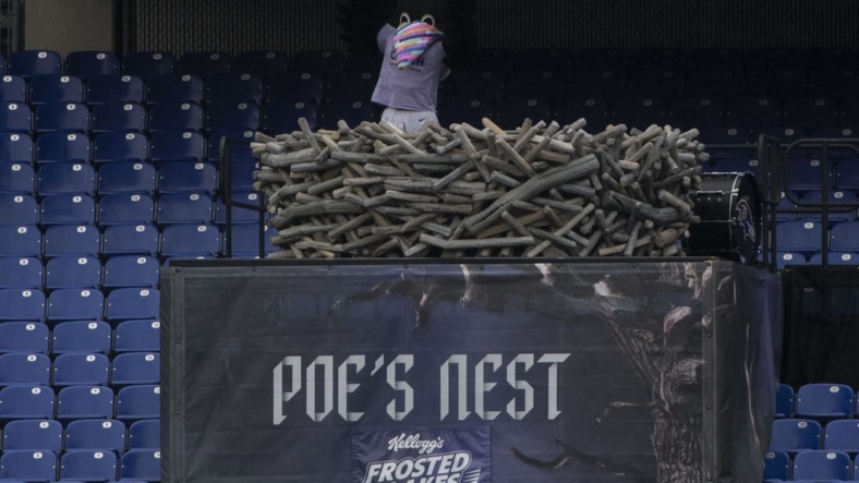 Oct 11, 2020; Baltimore, Maryland, USA;  Baltimore Ravens mascot Poe in his nest during the game against the Cincinnati Bengals at M&T Bank Stadium. Mandatory Credit: Tommy Gilligan-USA TODAY Sports