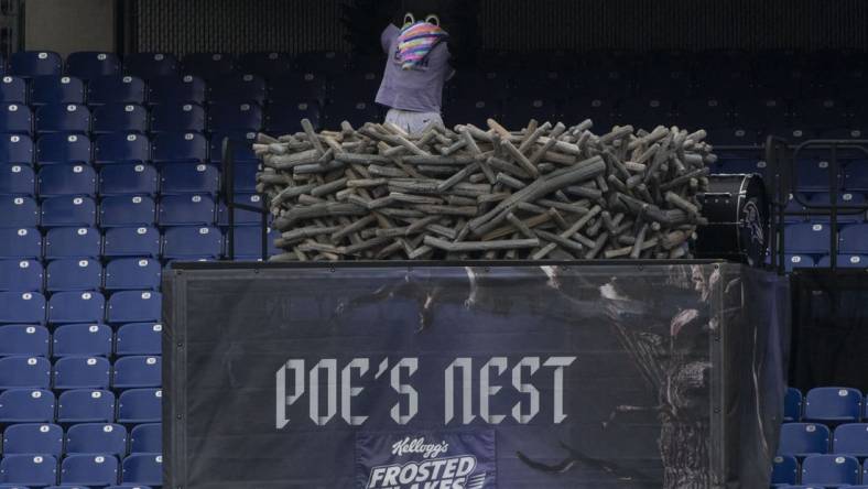 Oct 11, 2020; Baltimore, Maryland, USA;  Baltimore Ravens mascot Poe in his nest during the game against the Cincinnati Bengals at M&T Bank Stadium. Mandatory Credit: Tommy Gilligan-USA TODAY Sports