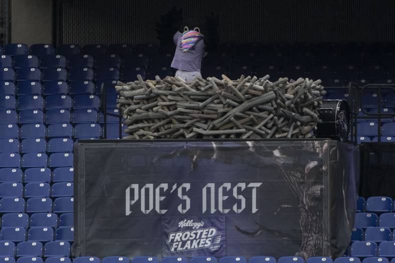 Oct 11, 2020; Baltimore, Maryland, USA;  Baltimore Ravens mascot Poe in his nest during the game against the Cincinnati Bengals at M&T Bank Stadium. Mandatory Credit: Tommy Gilligan-USA TODAY Sports
