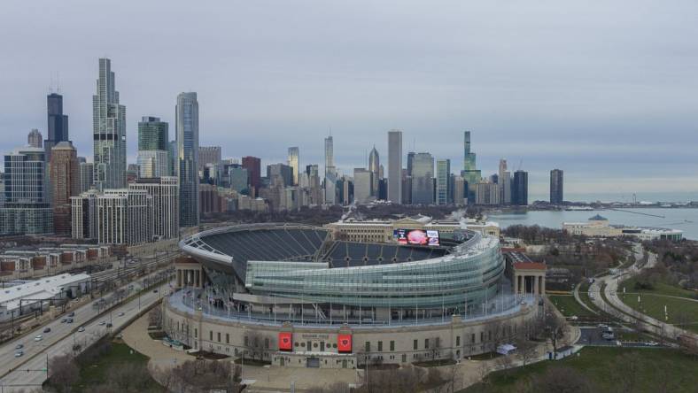 Dec 13, 2020; Chicago, Illinois, USA; In this drone image, a general view of Soldier Field with the Chicago skyline before a game between the Chicago Bears and the Houston Texans the at Soldier Field. Mandatory Credit: Quinn Harris-USA TODAY Sports