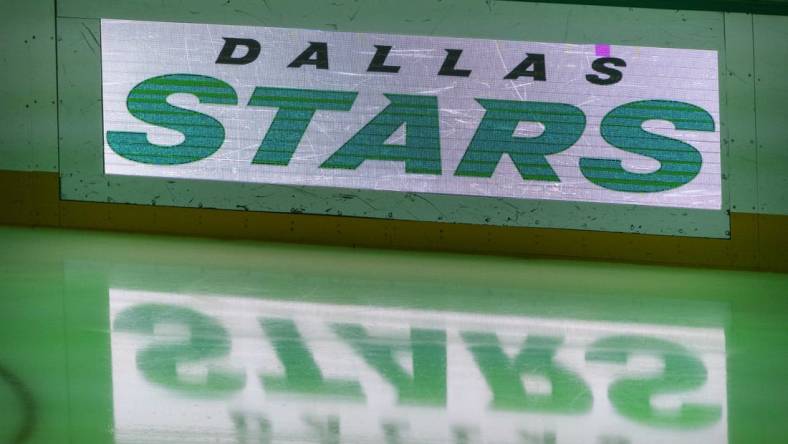 Mar 6, 2021; Dallas, Texas, USA; A view of the Dallas Stars logo on the ice before the game between the Dallas Stars and the Columbus Blue Jackets at the American Airlines Center. Mandatory Credit: Jerome Miron-USA TODAY Sports