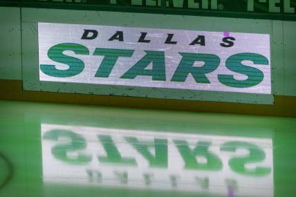 Mar 6, 2021; Dallas, Texas, USA; A view of the Dallas Stars logo on the ice before the game between the Dallas Stars and the Columbus Blue Jackets at the American Airlines Center. Mandatory Credit: Jerome Miron-USA TODAY Sports
