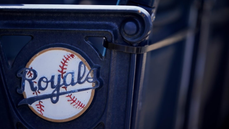 Apr 1, 2021; Kansas City, Missouri, USA; A general view of the Kansas City Royals logo on seats with complimentary flags for fans before the Opening Day game against the Texas Rangers Kauffman Stadium. Mandatory Credit: Denny Medley-USA TODAY Sports