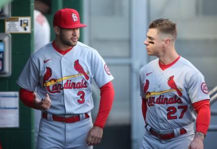 Apr 30, 2021; Pittsburgh, Pennsylvania, USA;  St. Louis Cardinals right fielder Dylan Carlson (3) and left fielder Tyler O'Neill (27) talk in the dugout  before playing the Pittsburgh Pirates at PNC Park. Mandatory Credit: Charles LeClaire-USA TODAY Sports