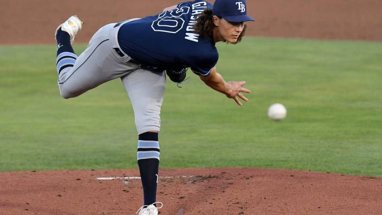 May 21, 2021; Dunedin, Florida, CAN; Tampa Bay Rays pitcher Tyler Glasnow (20) throws a pitch in the first inning against the Toronto Blue Jays at TD Ballpark. Mandatory Credit: Jonathan Dyer-USA TODAY Sports