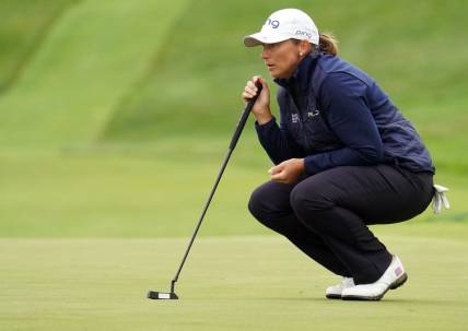 Jun 3, 2021; San Francisco, California, USA; Angela Stanford looks over her putt on the third green during the first round of the U.S. Women's Open golf tournament at The Olympic Club. Mandatory Credit: Kyle Terada-USA TODAY Sports