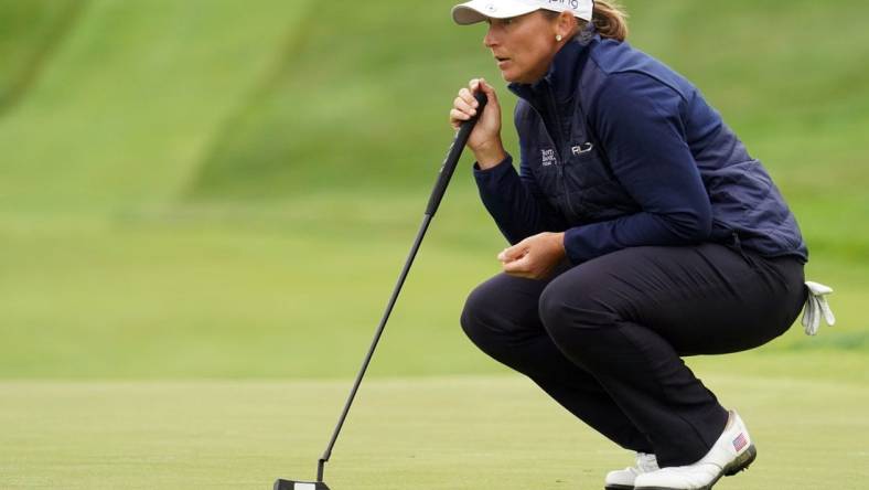 Jun 3, 2021; San Francisco, California, USA; Angela Stanford looks over her putt on the third green during the first round of the U.S. Women's Open golf tournament at The Olympic Club. Mandatory Credit: Kyle Terada-USA TODAY Sports