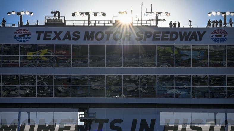 Jun 13, 2021; Fort Worth, TX, USA; A general view of the sunset and the track grandstands before the start of the NASCAR All-Star Race at Texas Motor Speedway. Mandatory Credit: Jerome Miron-USA TODAY Sports
