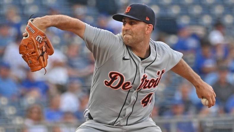 Jun 14, 2021; Kansas City, Missouri, USA; Detroit Tigers starting pitcher Matthew Boyd (48) delivers a pitch during the first inning against the Kansas City Royals at Kauffman Stadium. Mandatory Credit: Peter Aiken-USA TODAY Sports