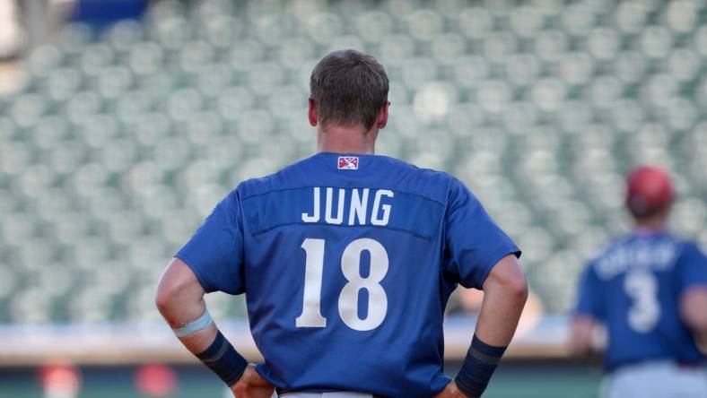 Frisco Rough Riders' Josh Jung stands on third base, Wednesday, June 16, 2021, at Whataburger Field. Rough Riders won, 8-4.