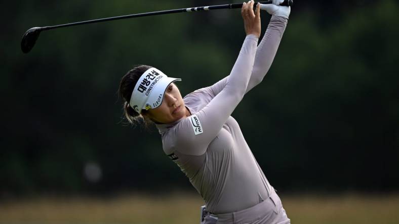 Jun 25, 2021; John's Creek, Georgia, USA; Jeongeun Lee6  plays her shot from the sixth tee during the second round of the KPMG Women's PGA Championship golf tournament at the Atlanta Athletic Club. Mandatory Credit: Adam Hagy-USA TODAY Sports