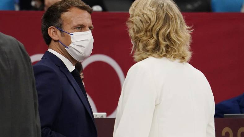 Jul 25, 2021; Tokyo, Japan; France president Emmanuel Macron in attendance at the first day of judo competition during the Tokyo 2020 Olympic Summer Games at Nippon Budokan. Mandatory Credit: Mandi Wright-USA TODAY Network