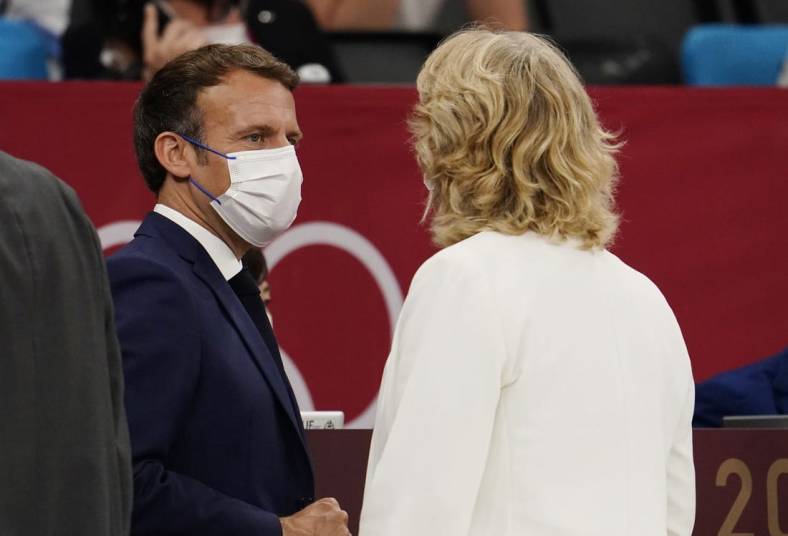 Jul 25, 2021; Tokyo, Japan; France president Emmanuel Macron in attendance at the first day of judo competition during the Tokyo 2020 Olympic Summer Games at Nippon Budokan. Mandatory Credit: Mandi Wright-USA TODAY Network
