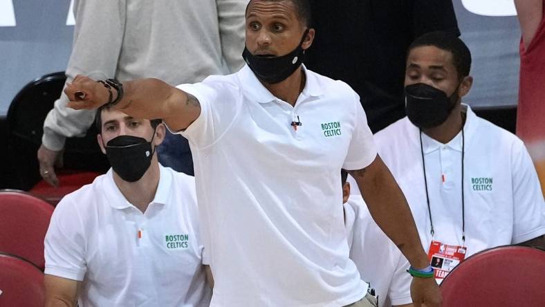 Aug 12, 2021; Las Vegas, Nevada, USA; Boston Celtics Summer League head coach Joe Mazzulla reacts during a game against the Orlando Magic at Cox Pavilion. Mandatory Credit: Stephen R. Sylvanie-USA TODAY Sports