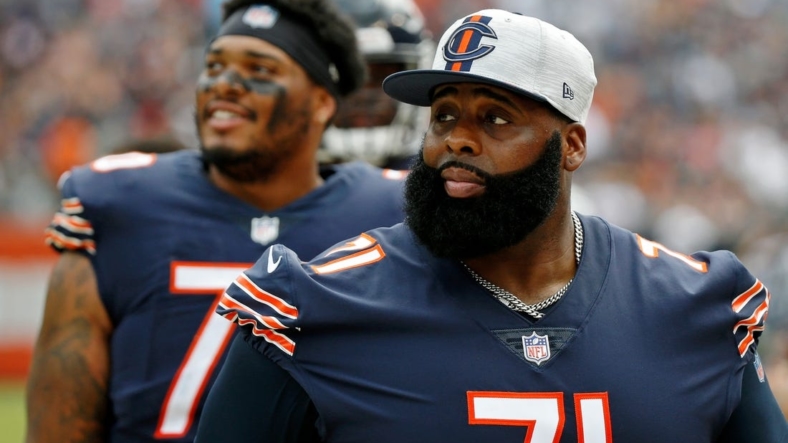 Aug 21, 2021; Chicago, Illinois, USA; Chicago Bears offensive tackle Jason Peters (71) looks on from the sideline during the second half against the Buffalo Bills at Soldier Field. The Buffalo Bills won 41-15. Mandatory Credit: Jon Durr-USA TODAY Sports