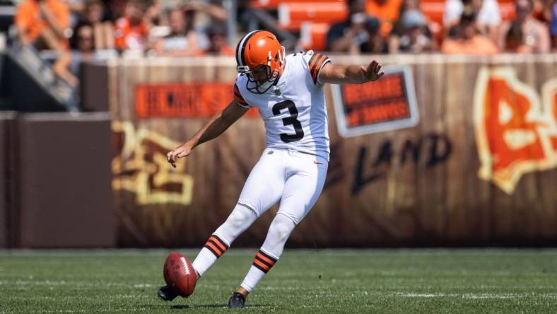 Aug 22, 2021; Cleveland, Ohio, USA; Cleveland Browns kicker Chase McLaughlin (3) kicks the ball off against the New York Giants during the third quarter at FirstEnergy Stadium. Mandatory Credit: Scott Galvin-USA TODAY Sports