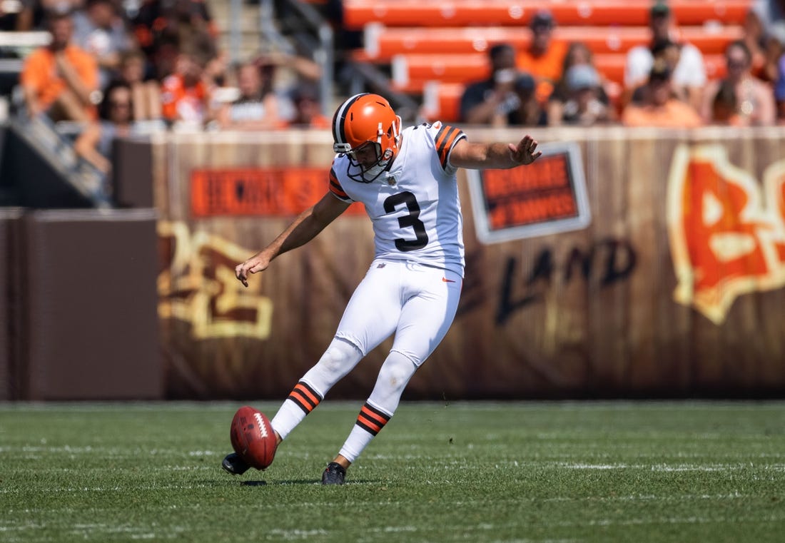 Aug 22, 2021; Cleveland, Ohio, USA; Cleveland Browns kicker Chase McLaughlin (3) kicks the ball off against the New York Giants during the third quarter at FirstEnergy Stadium. Mandatory Credit: Scott Galvin-USA TODAY Sports