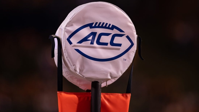 Sep 4, 2021; Charlottesville, Virginia, USA; A detailed view of the ACC logo on the down marker used during the game between William & Mary Tribe and the Virginia Cavaliers at Scott Stadium. Mandatory Credit: Scott Taetsch-USA TODAY Sports