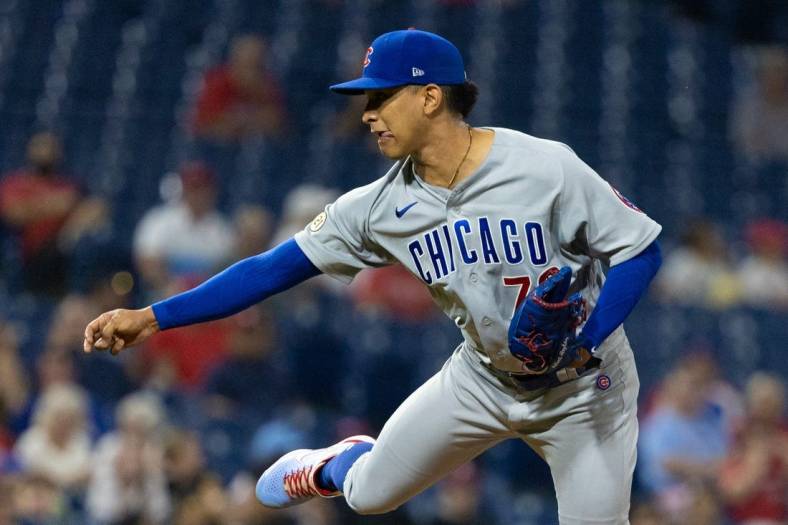 Sep 15, 2021; Philadelphia, Pennsylvania, USA; Chicago Cubs starting pitcher Adbert Alzolay (73) pitches against the Philadelphia Phillies during the sixth inning at Citizens Bank Park. Mandatory Credit: Bill Streicher-USA TODAY Sports