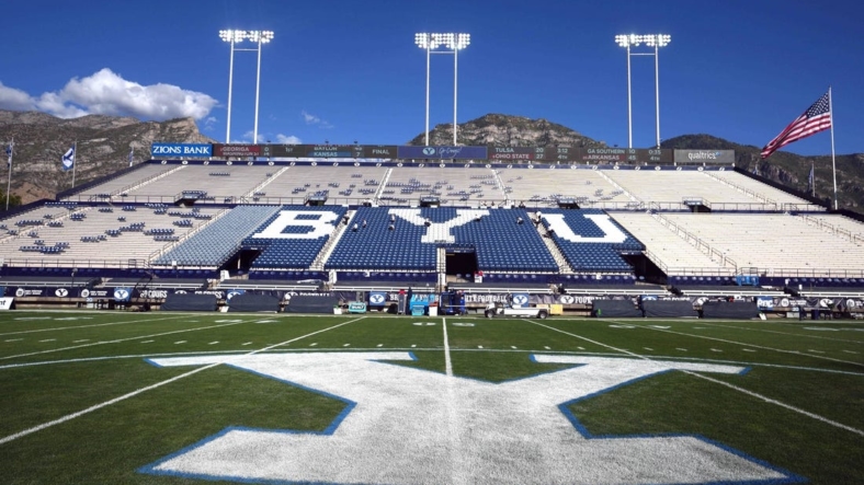Sep 18, 2021; Provo, Utah, USA; A general overall view of the BYU Cougars Y logo at LaVell Edwards Stadium. Mandatory Credit: Kirby Lee-USA TODAY Sports