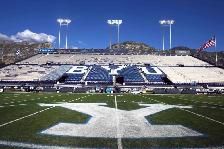 Sep 18, 2021; Provo, Utah, USA; A general overall view of the BYU Cougars Y logo at LaVell Edwards Stadium. Mandatory Credit: Kirby Lee-USA TODAY Sports