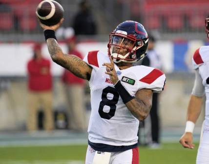 Sep 24, 2021; Toronto, Ontario, Canada; Montreal Alouettes quarterback Vernon Adams Jr. (8) goes to throw a pass during warm up against the Toronto Argonauts at BMO Field. Mandatory Credit: John E. Sokolowski-USA TODAY Sports