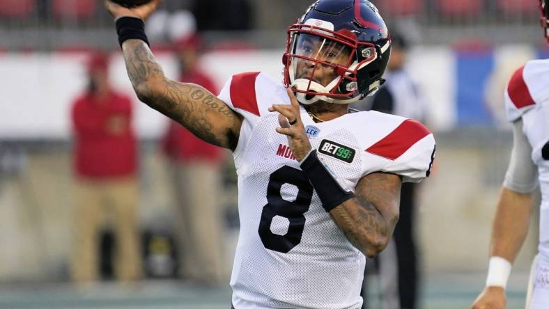 Sep 24, 2021; Toronto, Ontario, Canada; Montreal Alouettes quarterback Vernon Adams Jr. (8) goes to throw a pass during warm up against the Toronto Argonauts at BMO Field. Mandatory Credit: John E. Sokolowski-USA TODAY Sports